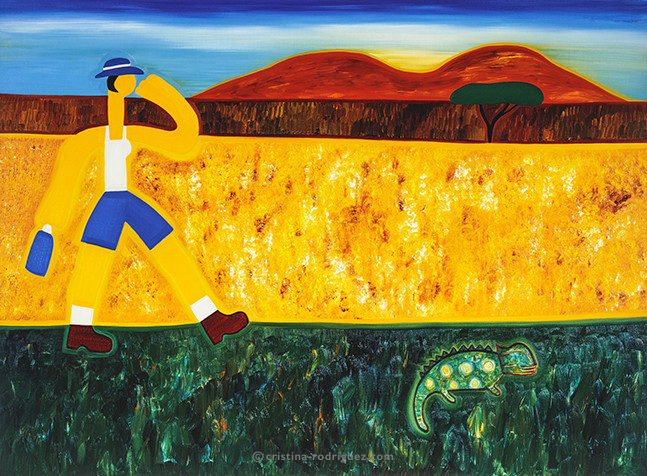 Cristina Rodriguez Paintings Inspired by Africa - The Girl With the Fabulous Legs Looking for the Chameleon