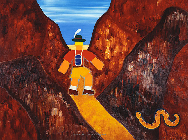 Cristina Rodriguez Paintings Inspired by Africa - The Girl With the Feather Crossing the Mountain