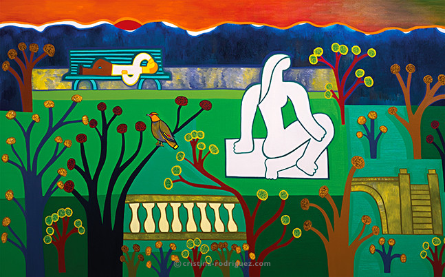 Cristina Rodriguez Paintings Inspired by Switzerland - La Belle Statue du Bastion de Saint-Léger Veille Sur les Rêves d'un Passant Endormi