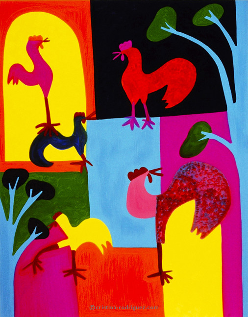 Cristina Rodriguez's Painting - Hens and Cockerels - 1997